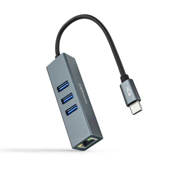 Conversor USB-C a Ethernet Gigabit + 3XUSB 3.0, Aluminio, Gris, 15 cm