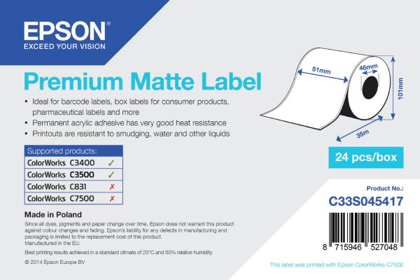 Rollo continuo de Premium Matte Label, 51 mm x 35 m