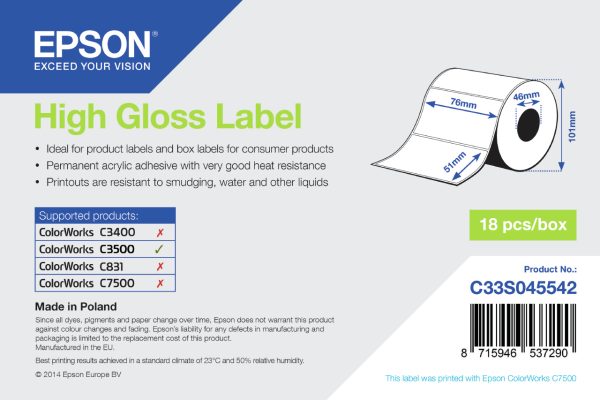 High Gloss Label - Die-cut Roll: 76mm x 51mm, 610 labels