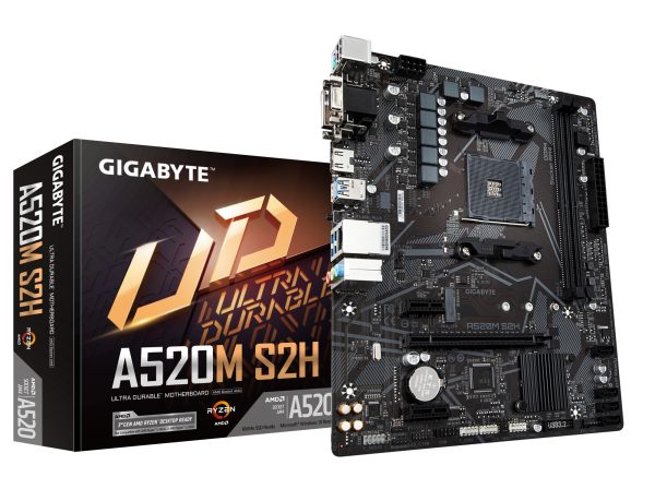 Placa base A520M S2H - Soporta CPUs AMD Ryzen serie 5000 AM4, VRM digital puro de 4+3 fases, hasta 5100MHz DDR4 (OC), PCIe 3.0 x4 M.2, LAN GbE, USB 3.2 Gen 1