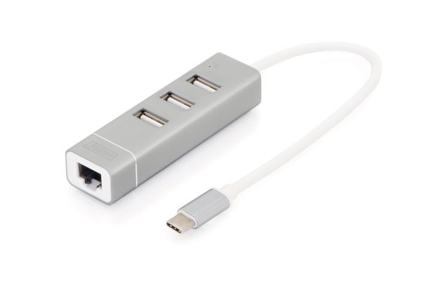 Concentrador USB 2.0 de 3 puertos y adaptador LAN Fast Ethernet con conexión Type-C™