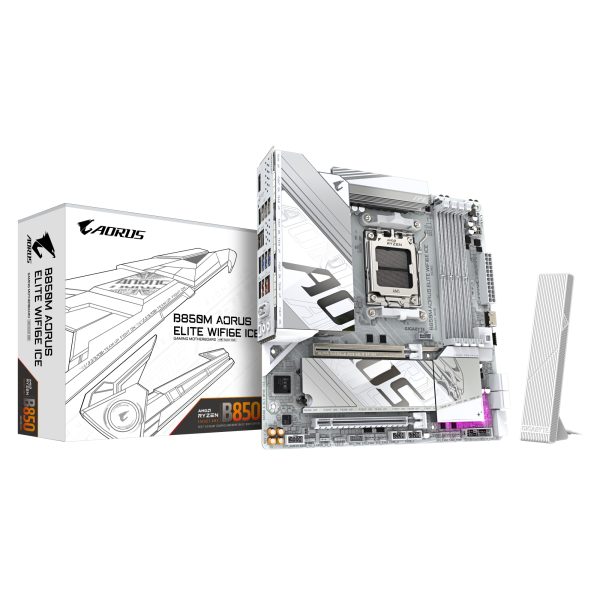 B850M AORUS ELITE WIFI6E ICE Placa Base - Procesadores AMD Ryzen Serie 9000, 12+2+1 fases VRM digitales, hasta 8200MHz DDR5 (OC), 1xPCIe 5.0 + 1xPCIe 4.0 M.2, LAN 2.5, WIFI 7, USB 3.2 Gen 2