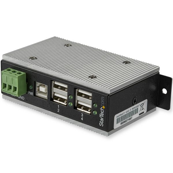 Concentrador USB 2.0 de 4 Puertos - Hub Industrial de Metal(4xUSB-A) con ESD y Protección contra Picos - Temperatura de Funcionamiento Extendida -40 a 85° C - Instalación en Rieles DIN/Pared/Escritorio