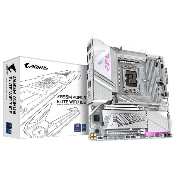 Placa base Z890M AORUS ELITE WIFI7 ICE - Compatible con CPUs Intel Core Ultra (Serie 2), VRM de 12+1+2 fases, hasta 8800MHz DDR5 (OC), 1xPCIe 5.0 + 2xPCIe 4.0, Wi-Fi 7, LAN 2.5GbE, USB 4