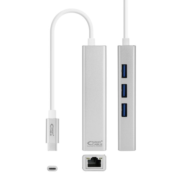 Conversor USB-C a Ethernet Gigabit + 3xUSB 3.0, Plata, 15 cm