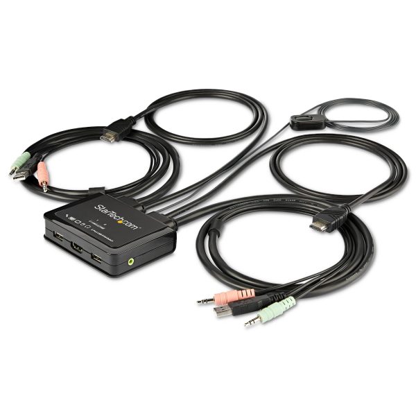 Switch Conmutador KVM de 2 Puertos HDMI - 4K de 60Hz - Switch Conmutador Selector KVM Compacto de Sobremesa Ultra HD UHD con 2 Salidas de Vídeo - con Cables de 1,2m y Audio Incorporado - Conmutado Remoto y Alimentado por el Bus - para MacBook y Thinkpad