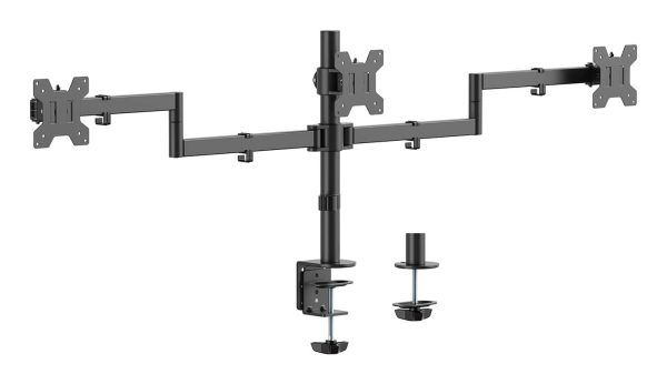 Soporte de mesa eco giratorio e inclinable para 3 monitores 10kg (3 Pivotes, 2 Brazos) de 13-27, Negro