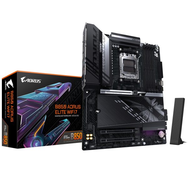 B850 AORUS ELITE WIFI7 Placa Base - Procesadores AMD Ryzen Serie 9000, VRM digital de 14+2+2 fases, hasta 8200MHz DDR5 (OC), 1xPCIe 5.0 + 2xPCIe 4.0 M.2, LAN 2.5, WIFI 7, USB 3.2 Gen 2x2