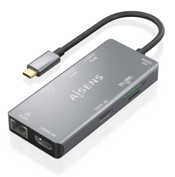 USB-C Dock 9 En 1, USB-C a 2xHDMI, 1xRJ45, 2xUSB-A USB3.0, 1xUSB-A USB2.0, 1xUSB-C PD, 1xSD, 1xMicro SD, Gris, 15cm