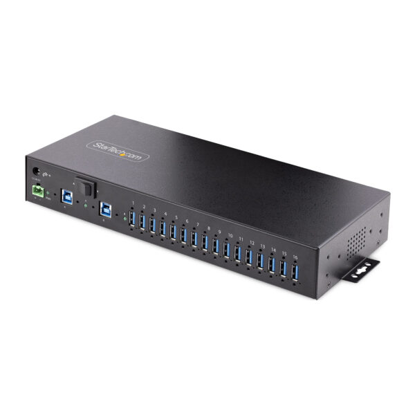 Hub Ladrón USB 3.0 5Gb de 16 Puertos Industrial - Metal - Montaje en Rack/Superficie/DIN - Carga Compartida USB 120W - ESD - Bloque de Terminales - Switch de 2 Hosts