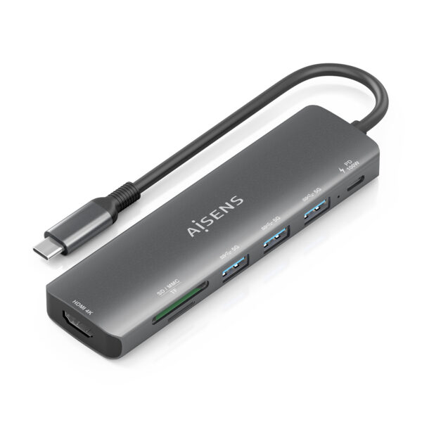 USB-C Dock 7 en 1, USB-C A, 1x HDMI, 3x USB-A, 1x USB-C PD 100W, 1x SD, 1x MicroSD, Gris, 15cm