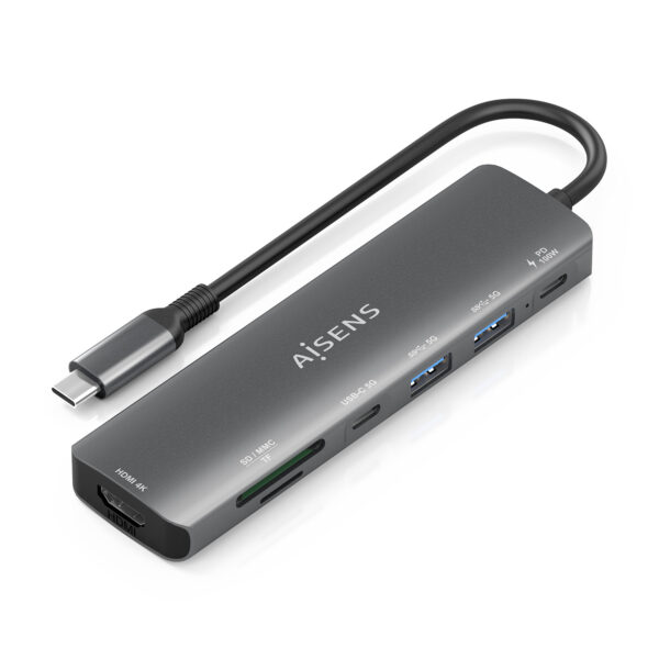 USB-C Dock 7 en 1, USB-C A, 1x HDMI, 2x USB-A, 1x USB-C, 1x USB-C PD 100W, 1x SD, 1x MicroSD, Gris, 15cm
