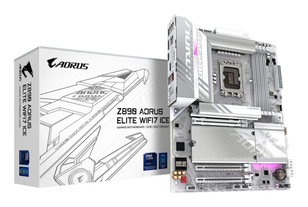 Placa base Z890 AORUS ELITE WIFI7 ICE - Compatible con CPUs Intel Core Ultra (Serie 2), VRM de 16+1+2 fases, hasta 8800MHz DDR5 (OC), 1xPCIe 5.0 + 3xPCIe 4.0, Wi-Fi 7, LAN 2.5GbE, Thunderbolt 4