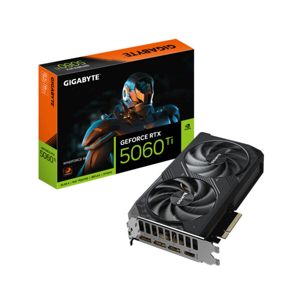 GeForce RTX 5060 Ti WINDFORCE 8G Tarjeta Gráfica  8 GB GDDR7, 128 bits, PCI-E 5.0, 2572 MHz Frecuencia del núcleo, 3 x DisplayPort, 1 x HDMI, GV-N506TWF2-8GD
