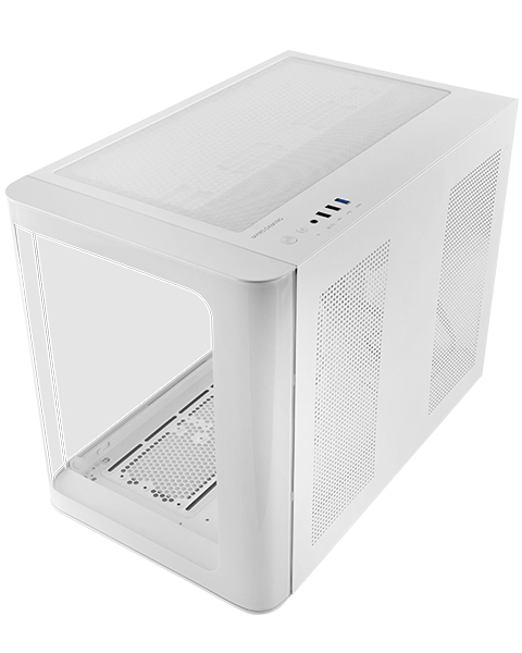 MC-FUSIONM, Caja Gaming Micro-ATX, Ventana Lateral y Frontal Curvo de Cristal Templado Continuo, Minitorre PC Doble Cámara, Soporte Refrigeración Líquida, Espacio Interno Optimizado, Blanco