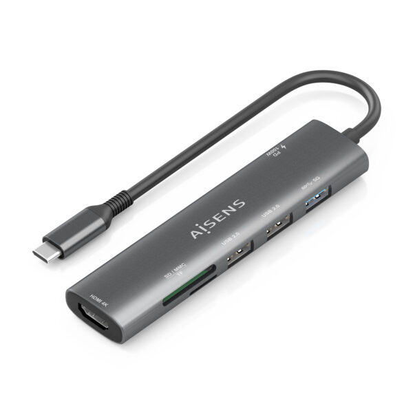 USB-C Dock 7 en 1, USB-C A, 1x HDMI, 2x USB-A USB2.0, 1x USB-A USB3.0, 1x USB-C PD 100W, 1x SD, 1x MicroSD, Gris, 15cm