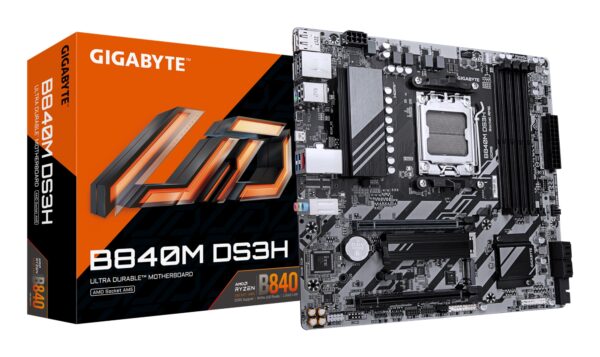 B840M DS3H Placa base - Procesadores AMD Ryzen 9000, VRM de 8+2+2 fases, hasta 8200 MHz DDR5, 2xPCIe 4.0 M.2, LAN 2.5GbE, USB 3.2 Gen 1