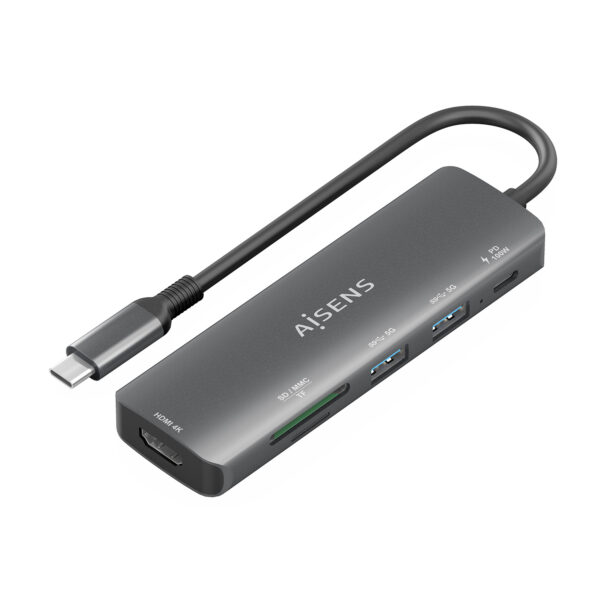 USB-C Dock 6 en 1, USB-C A, 1x HDMI, 2x USB-A, 1x USB-C PD 100W, 1x SD, 1x MicroSD, Gris, 15cm