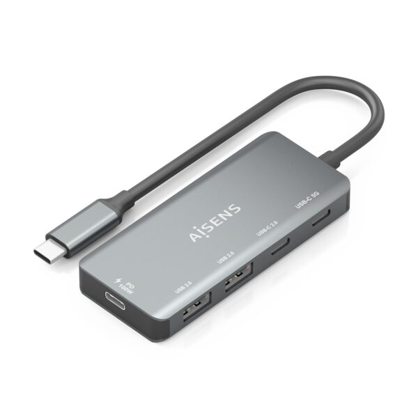 Hub USB 3.1 USB-C, USB-C/M-1xUSB-C PD 100W+1xUSB-C USB3.0/H+1xUSB-C USB2.0/H+2xUSB-A USB2.0/H, Gris, 15cm