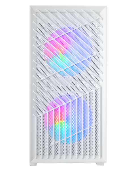 MC- VORTEX, Caja Gaming MicroATX, Frontal Mesh Geométrico, Ventana Lateral Cristal Templado, 3x Ventiladores FRGB Rainbow 120mm, Minitorre PC Compacta con Diseño Doble Cámara, Blanco