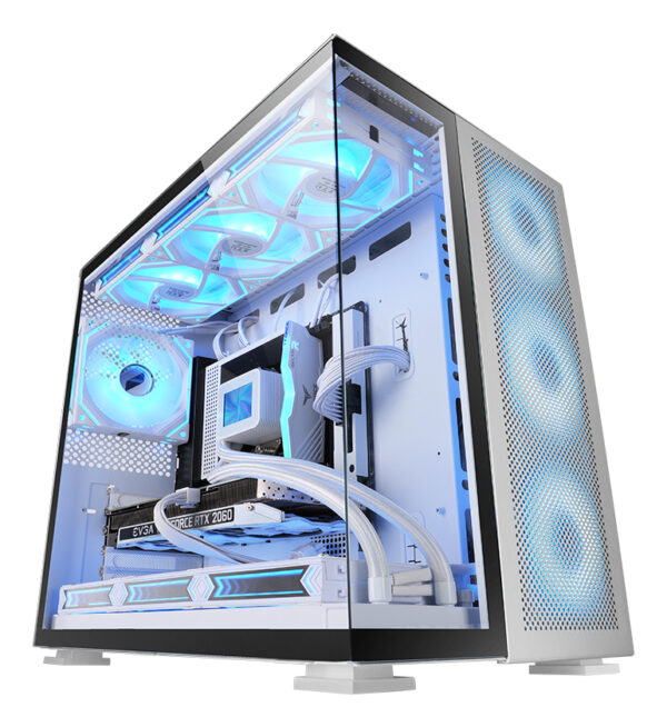 MC-NOVA2, Caja Gaming Custom XXL E-ATX, Doble Cristal Templado Continuo Sin Marco, Soporte Completo Refrigeración Líquida, Aluminio Aeroespacial 2mm, Torre PC de Doble Cámara, USB-C, Blanco