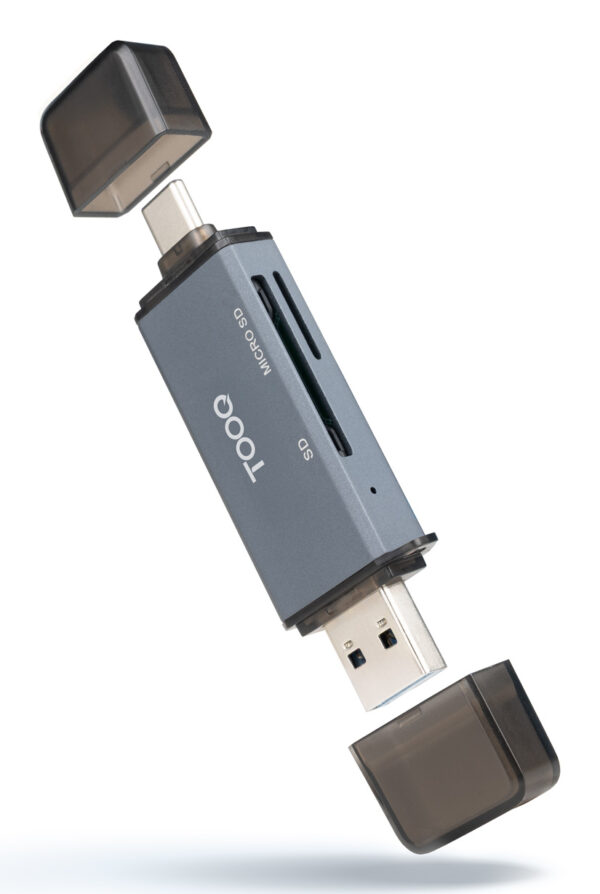 Lector de Tarjetas SD + TF, con entradas USB-C 3.0 + USB A, Color Gris