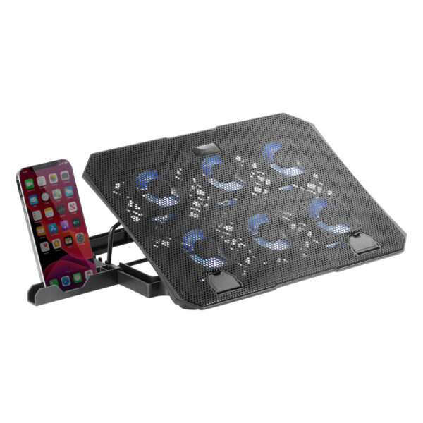 MNBC23, Base Refrigeradora y Stand 16, 6 Ventiladores Controlables con LED Azul, Stand 6 Posiciones, Soporte Smartphone, 2 USB 2.0, Negro