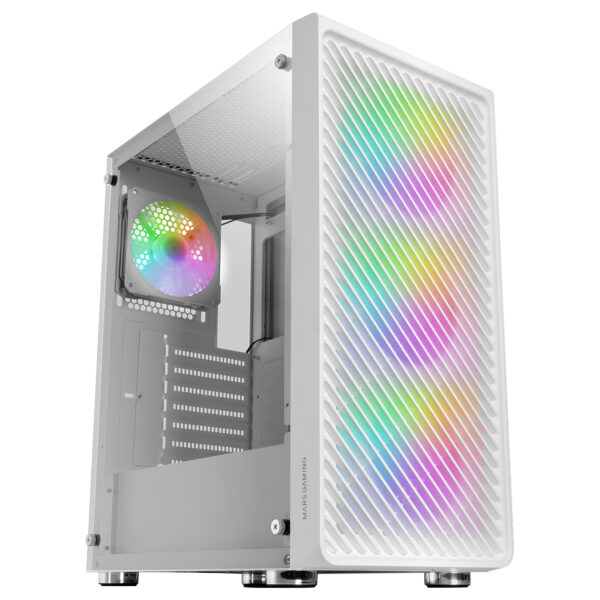 MC-F, Semitorre Gaming ATX, Ventana Completa Cristal Templado, Frontal Metal-Mesh, 4X Ventiladores ARGB 120mm, Blanco