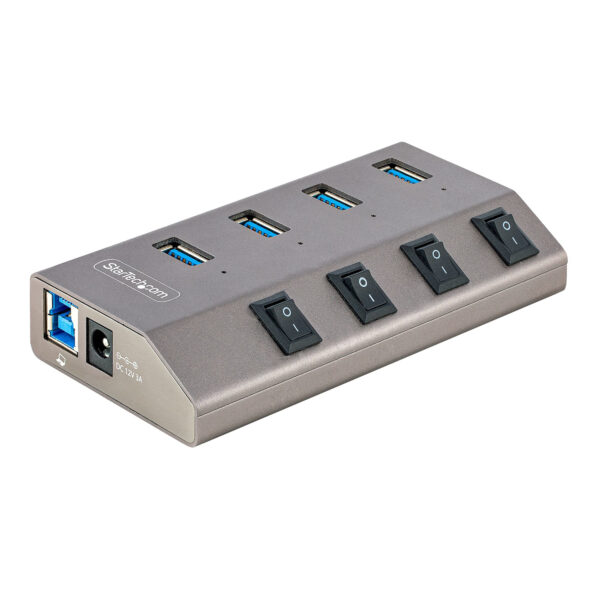 Hub USB-C Autoalimentado de 4 puertos con Interruptores Individuales - Concentrador USB 3.0 a 5 Gbps con Fuente de Alimentación - Ladrón USB Tipo C a USB-A - BC 1.2