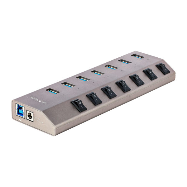 Hub USB-C Autoalimentado de 7 puertos con Interruptores Individuales - Concentrador USB 3.0 a 5 Gbps con Fuente de Alimentación - Ladrón USB Tipo C a USB-A - BC 1.2