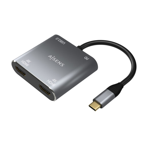 Conversor USB-C a 2XHDMI 4K SST MST/USB2.0/USB-C PD 60W, USB-C/M-2XHDMI/H-USB-A/H-USB-C/H, Gris, 15CM