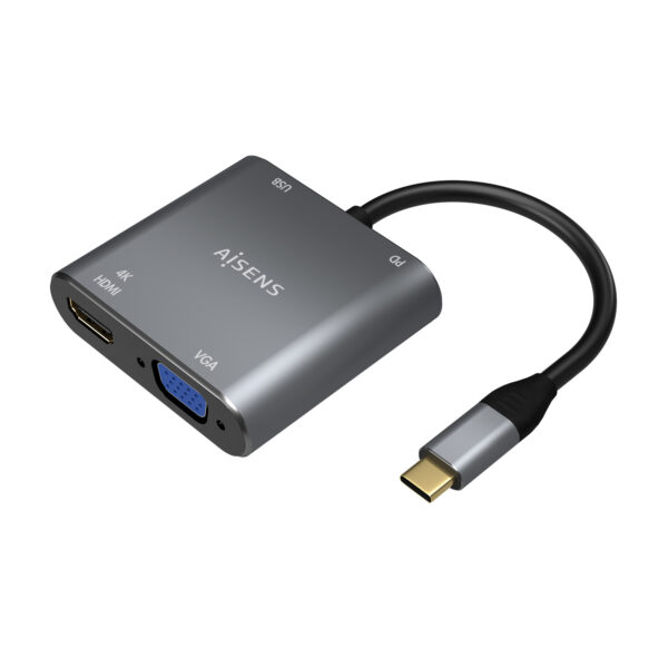 Conversor USB-C a VGA/HDMI 4K/USB3.0/USB-C PD, USB-C/M-VGA/H-HDMI/H-USB-A/H-USB-C/H, Gris, 15CM
