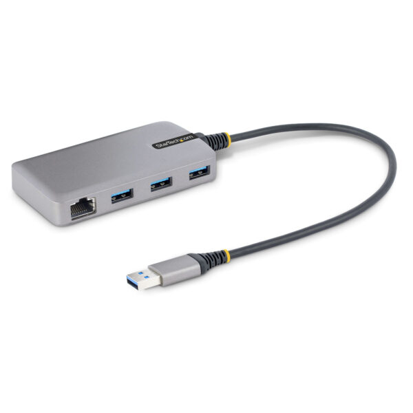 Hub USB de 3 Puertos USBA - USB 3.0 de 5Gbps - Alimentado por el Bus - Concentrador USB de 3 Puertos USB-A - Ladrón USB Portátil - Cable 30cm - Red Ethernet RJ45 1Gb