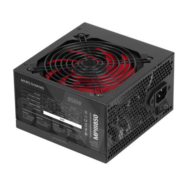 MPIII850, Fuente Alimentación PC ATX 850W, 5 Años de Garantía, 85% Eficiencia, Sistema Digital APFC, Ventilador FDB 120mm AI-RPM, Tecnologías DC-DC y SMD, Cables Planos Extralargos, Negro