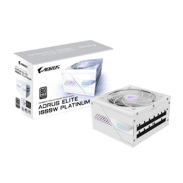 AORUS ELITE P1000W ICE Fuente de Alimentación - PCIe 5.0, 80 PLUS Platinum, Diseño completamente modular, Ventilador de 120 mm, Compatible con ATX 3.0, Enchufe UE