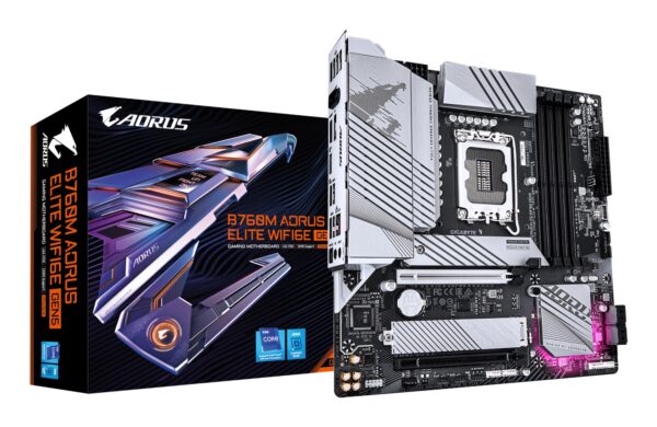 B760M AORUS ELITE WIFI6E GEN5 Placa Base  Compatible con procesadores Intel Core 14ª generación, VRM digital de 12+1+1 fases, hasta 5600 MHz DDR5, 2 x M.2 PCIe 4.0, Wi-Fi 6E, LAN 2.5 GbE, USB 3.2 Gen 2x2