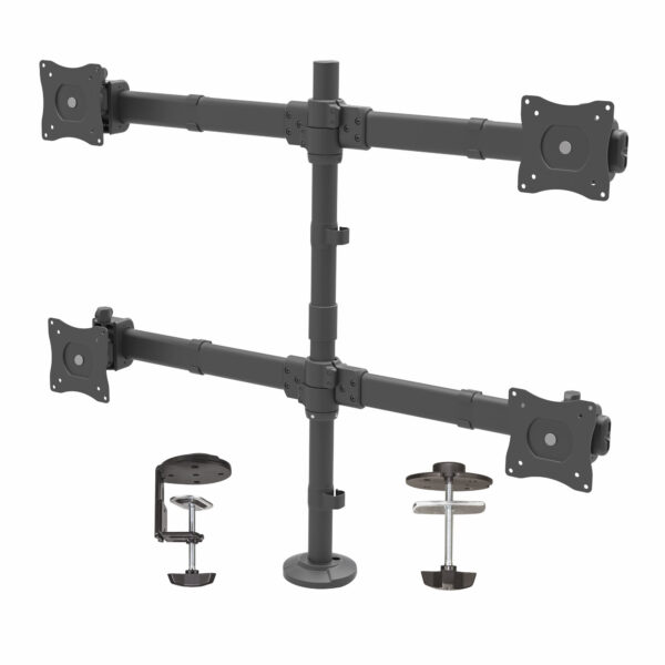 Brazo de Escritorio para 4 Monitores 2x2 de hasta 27" con Montaje VESA- Soporte Ergonómico con Mástil, Articulado y Altura Ajustable - Inclinación/Giro/Rotación - Abrazadera/Ojal