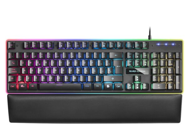 MK320ES, Teclado Gaming H-Mech, 13 Modos RGB y Halo, Reposamuñecas Acolchado, Antighosting, Idioma Español, Color Negro