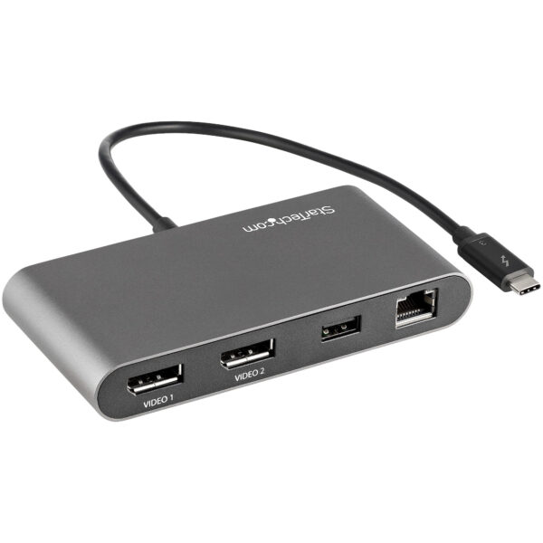 Mini Dock Thunderbolt 3 - Docking Station Portátil para 2 Monitores con DP 4K 60Hz, 1x Hub USB-A (USB 3.0/5 Gbps), GbE - Cable de 28cm - Adaptador Multipuertos TB3 - Mac/Windows