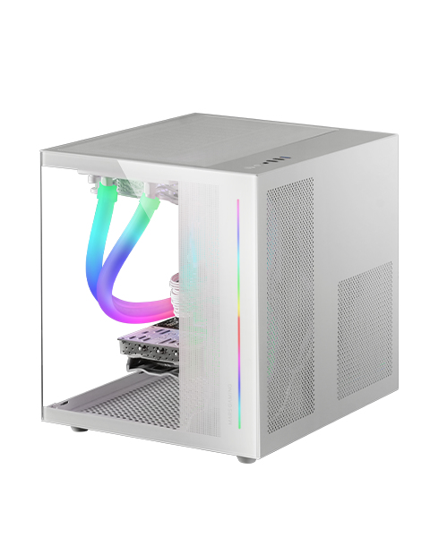 MC-VIEW, Caja PC Gaming Micro-ATX con Cristal Templado Continuo 90º, Mini Torre PC con Doble Cámara, Soporte Refrigeración Líquida, Blanco