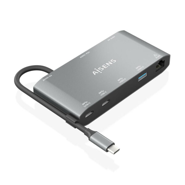 USB-C Dock 8 en 1, USB-C a 1xHDMI, 1xVGA, 1xRJ45, 2xUSB-A, 2xUSB-C 5G, 1xUSB-C PD, Gris, 20 cm