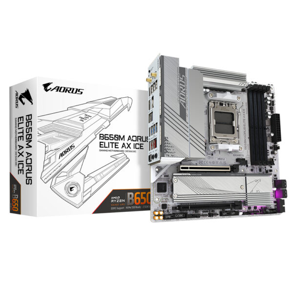 B650M AORUS ELITE AX ICE Placa base - AMD Ryzen serie 9000, VRM de 12+2+2 fases, hasta 8000 MHz DDR5 (OC), 1xPCIe 5.0 + 1xPCIe 4.0 M.2, LAN 2,5 GbE, WIFI 6E, USB 3.2 Gen 2x2