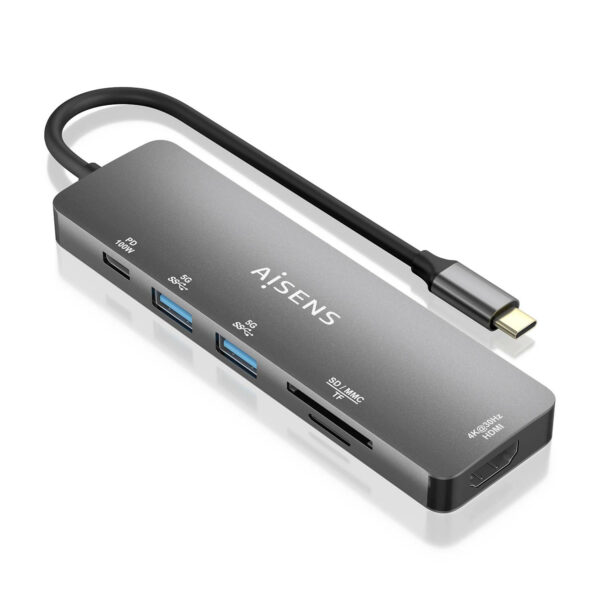 USB-C Dock 6 EN 1, USB-C a 1xHDMI, 2xUSB-A, 1xUSB-C PD 100W, 1xSD, 1xMicro SD, Gris, 15cm