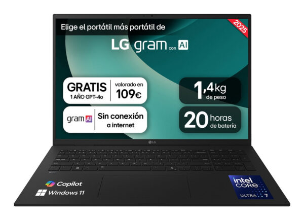 17Z90T-G.AA78B ordenador portatil Intel Core Ultra 7 255H Portátil 43,2 cm (17") WQXGA 16 GB LPDDR5x-SDRAM 1 TB Unidad de disco duro Wi-Fi 7 (802.11be) Windows 11 Home Negro