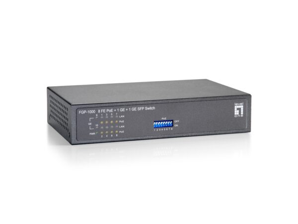 Switch Fast Ethernet PoE de 10 puertos, 1 Port Gigabit, 1 Port Gigabit SFP, 120W, 9 PoE Outputs