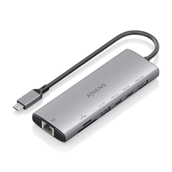 USB-C Dock 7 en 1, USB-C a 1xHDMI, 1xRJ45, 1xUSB-A 10G, 2xUSB-C 10G, 1xSD, 1xMicroSD, Gris, 20cm