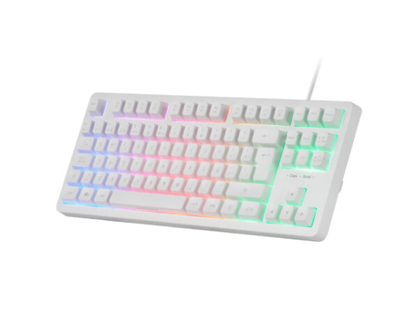 MK023, Teclado Gaming TKL, Tecnología Híbrida H-Mech, Iluminación FRGB Rainbow, Anti-ghosting, Compatibilidad Universal, Blanco, Idioma Español