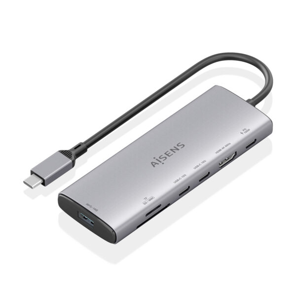 USB-C Dock 7 en 1, USB-C a 1xHDMI, 1xUSB-A 10G, 2xUSB-C 10G, 1xSD, 1xMicroSD, 1xUSB-C PD 100W, Gris, 20cm