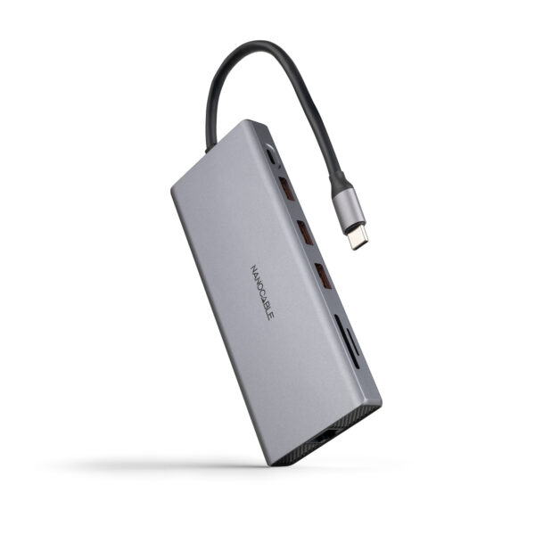 Hub USB-C 12 en 1, Conversor USB-C 3.1 a 3xUSB-A 3.2 + USB-C 3.2 + USB-C PD + 2xHDMI 4K@60Hz + DP 4K@60Hz + RJ45 1Gbps + TF + SD + Audio Jack 3.5, Aluminio, Gris, 18 cm