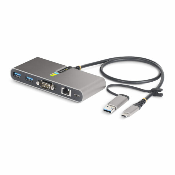 Hub Ladrón USB-C de 2 Puertos USB-A de 5Gbps con Red RJ45 Ethernet Gigabit y Puerto Serie DB9 RS232 FTDI - Concentrador USB - Entrega de Alimentación PD de 100W de Paso